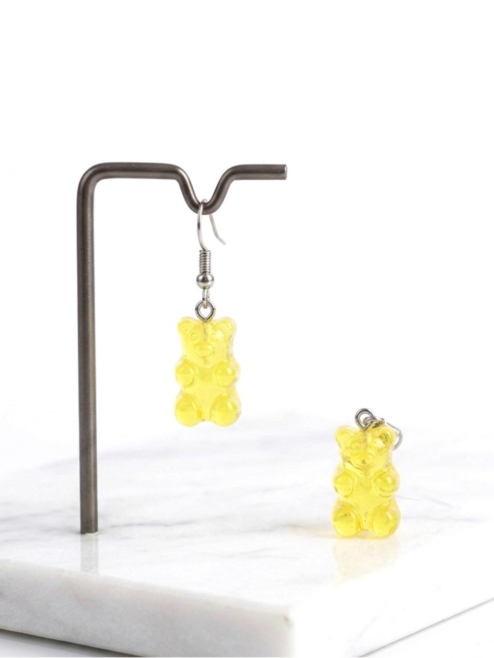 New Handmade Transparent Lemon Yellow Sterling Silver Resin Gummy Bear Earrings